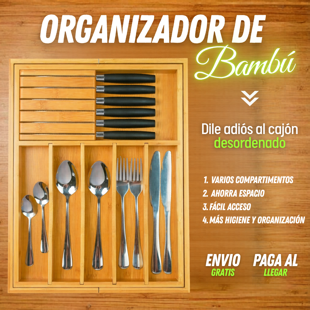 Organizador de Cubiertos Expandible de Bambú para Cajón