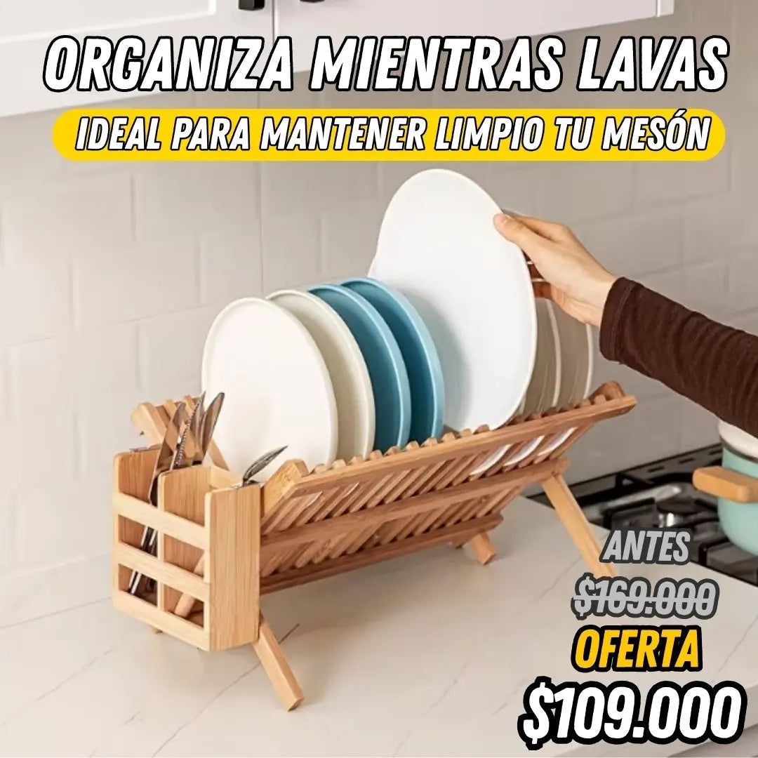 Escurridor Plegable de Bambú 2 Niveles con Porta Utensilios