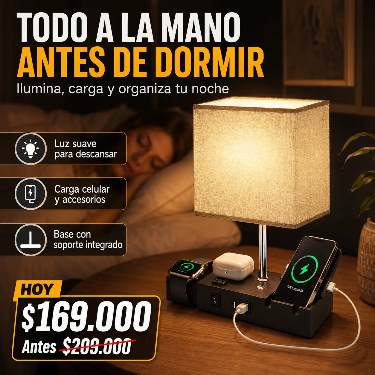 Lámpara de Mesa Multifuncional 3 Tonos con Puertos USB y Soporte para Celular