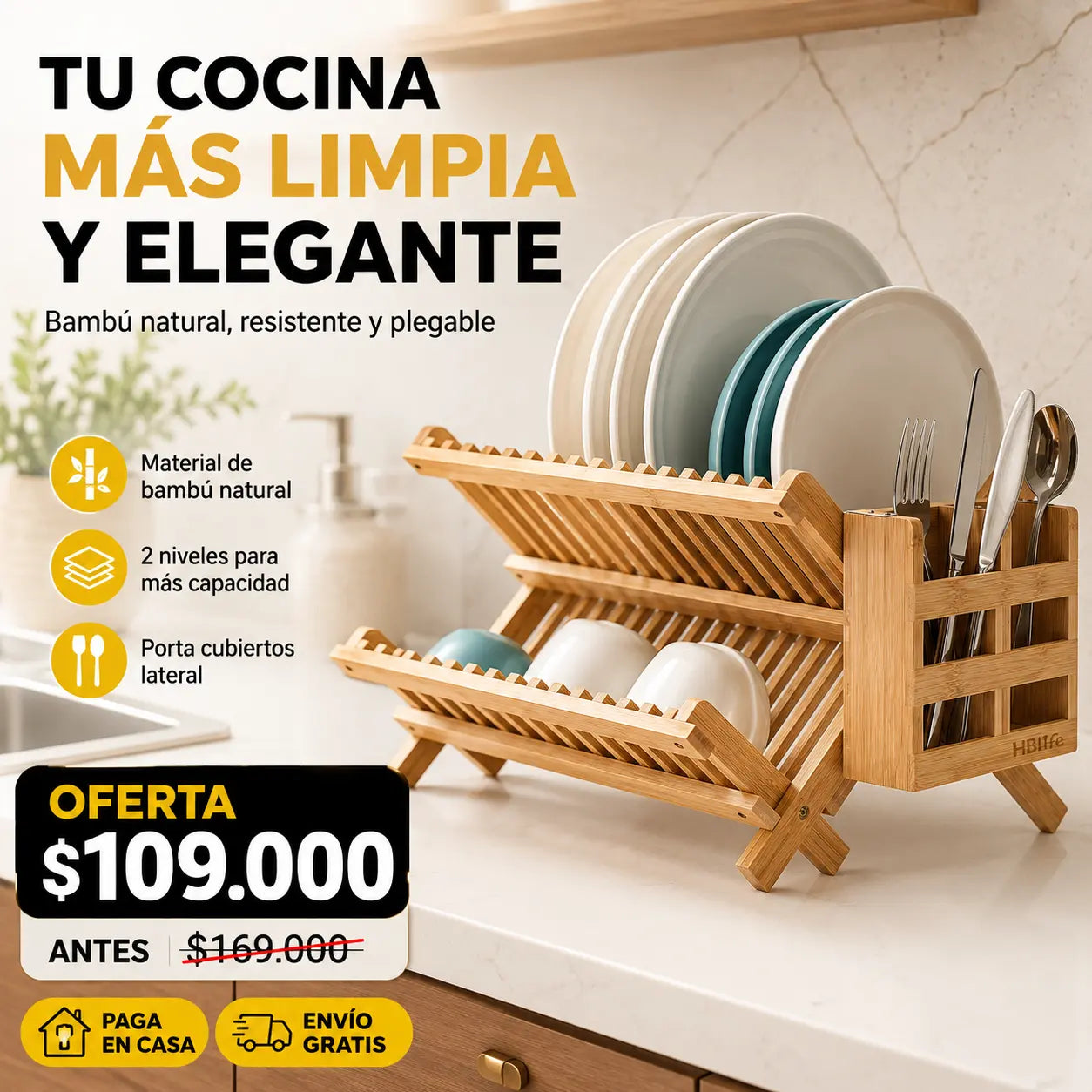 Escurridor Plegable de Bambú 2 Niveles con Porta Utensilios