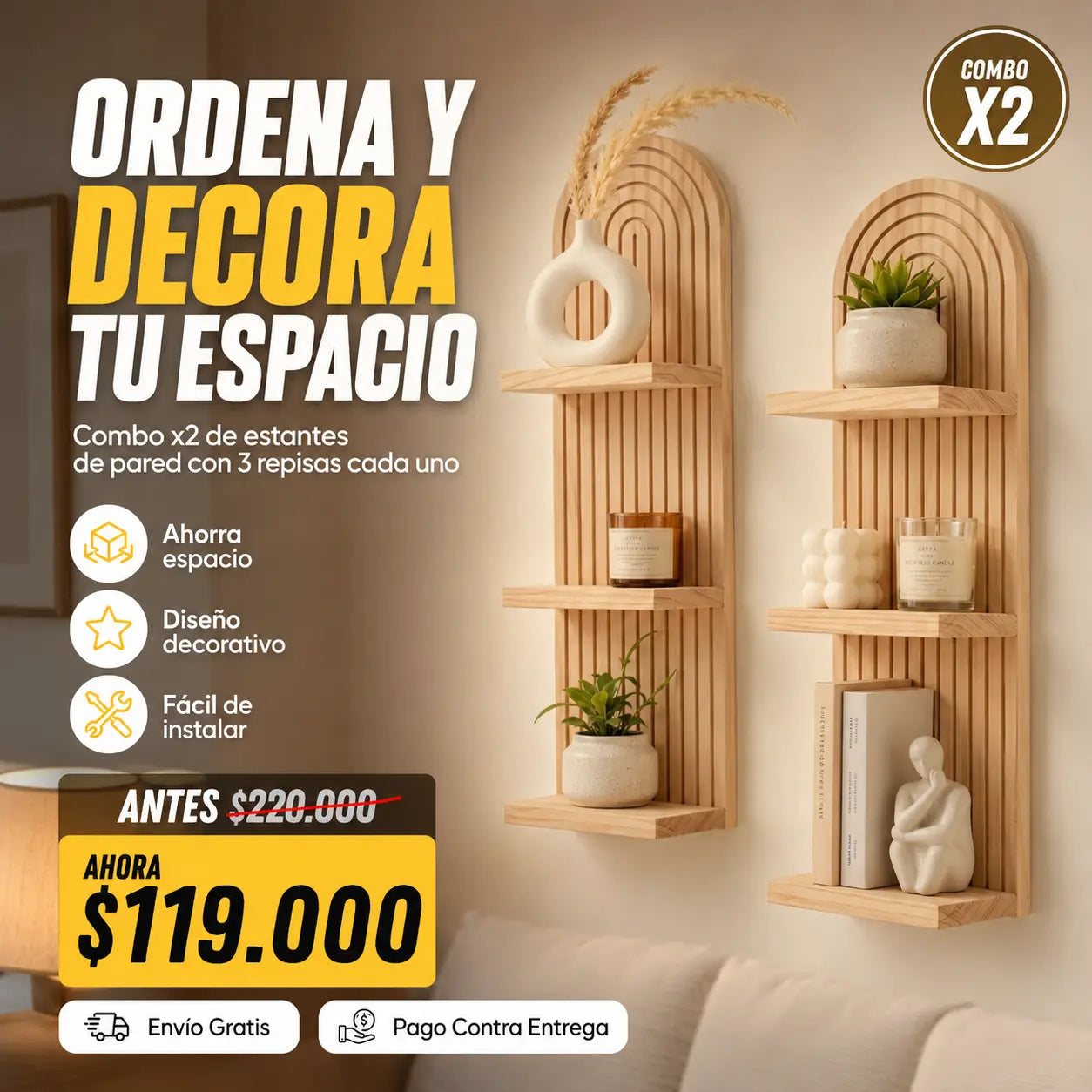 Set x2 Estantes de Pared Decorativos en Madera Premium