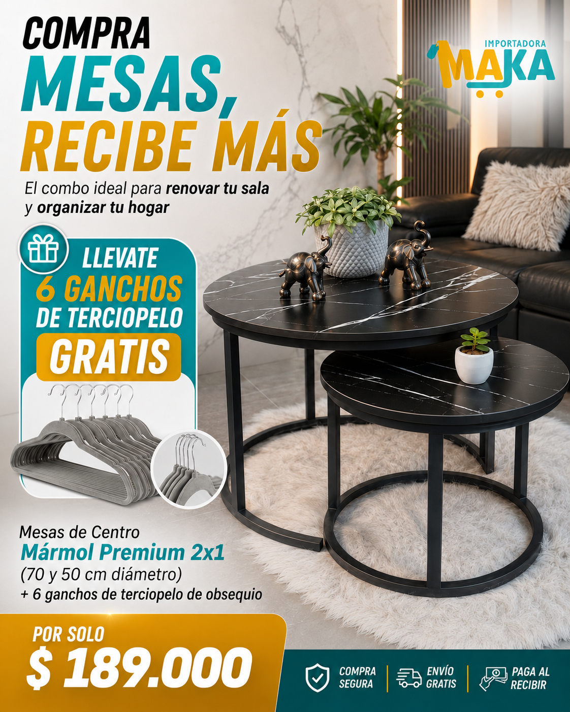 🔥 Mesas de Centro Mármol Premium 2x1 + 6 Ganchos de Terciopelo Gratis 🎁