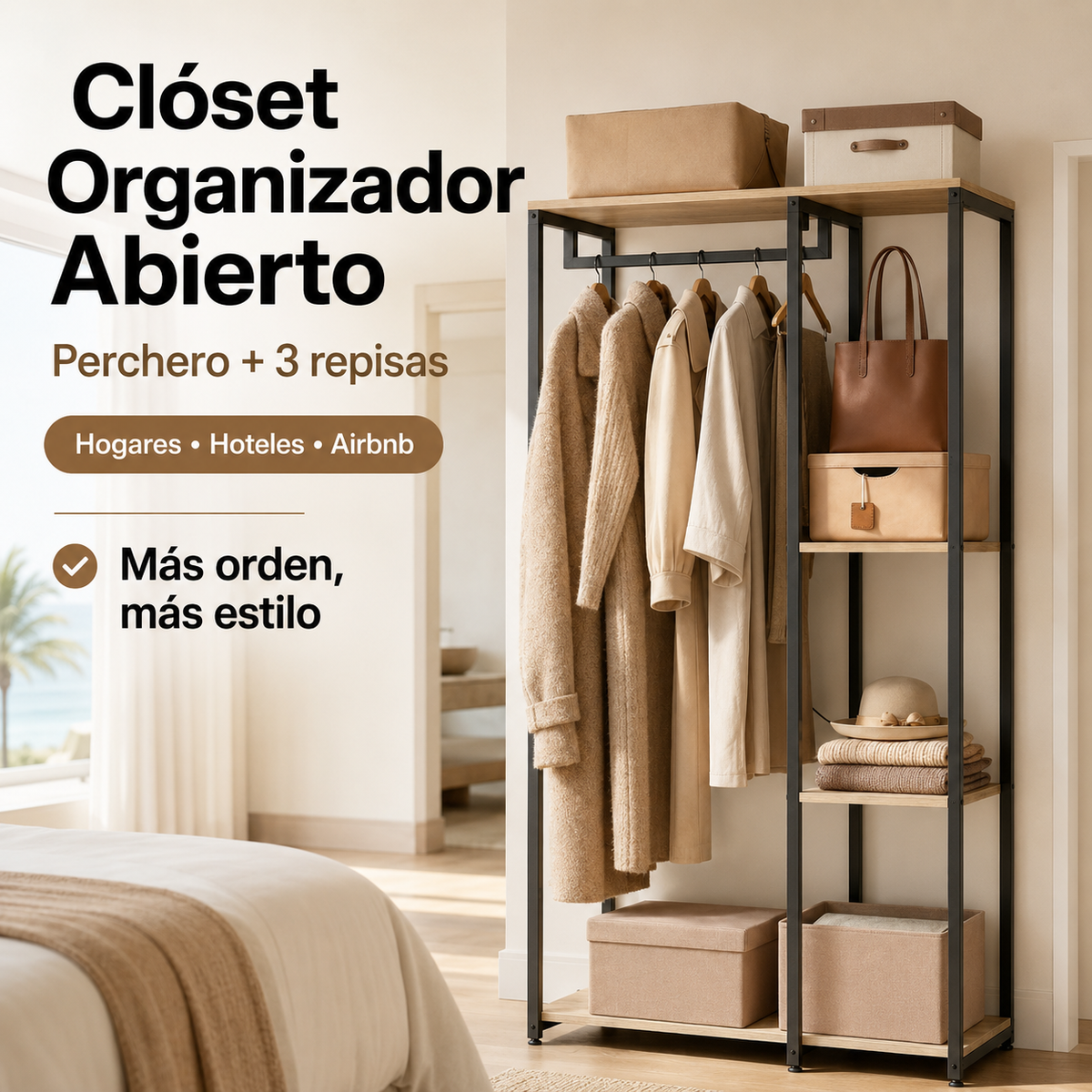 Clóset Organizador Abierto Premium con Perchero y 3 Repisas 167cm X 90cm