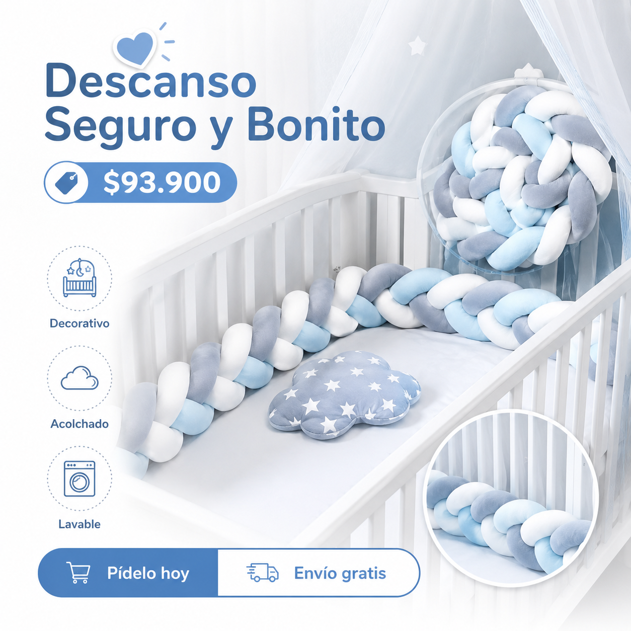 Cojín Trenza Para Cuna de bebé UNISEX