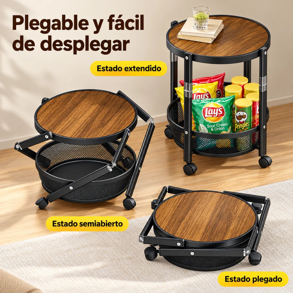 Mesa Auxiliar Plegable 2 en 1 con Ruedas y Canasta Organizadora