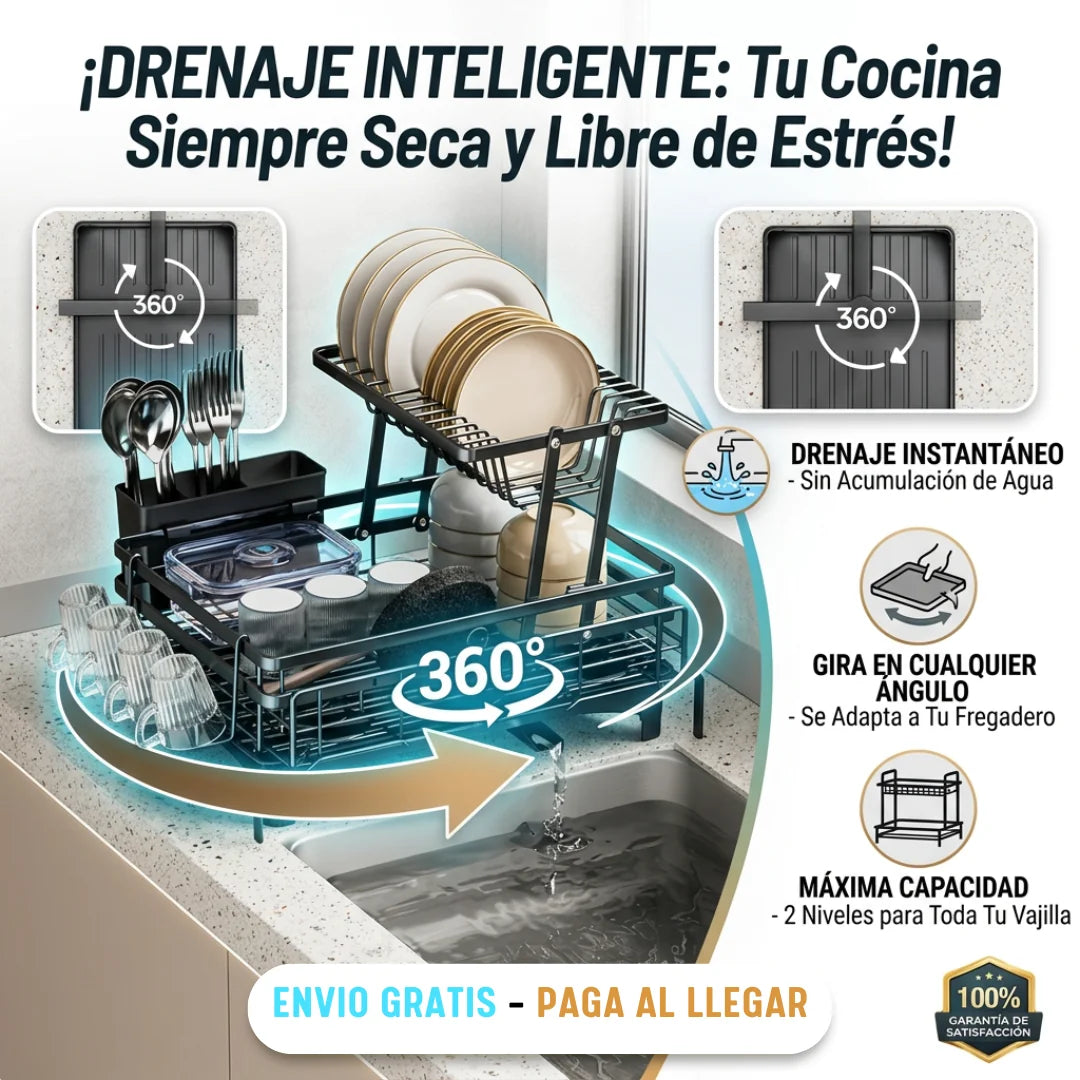 Escurridor de Platos 2 Niveles con Drenaje 360° – Organizador de Cocina para Lavaplatos