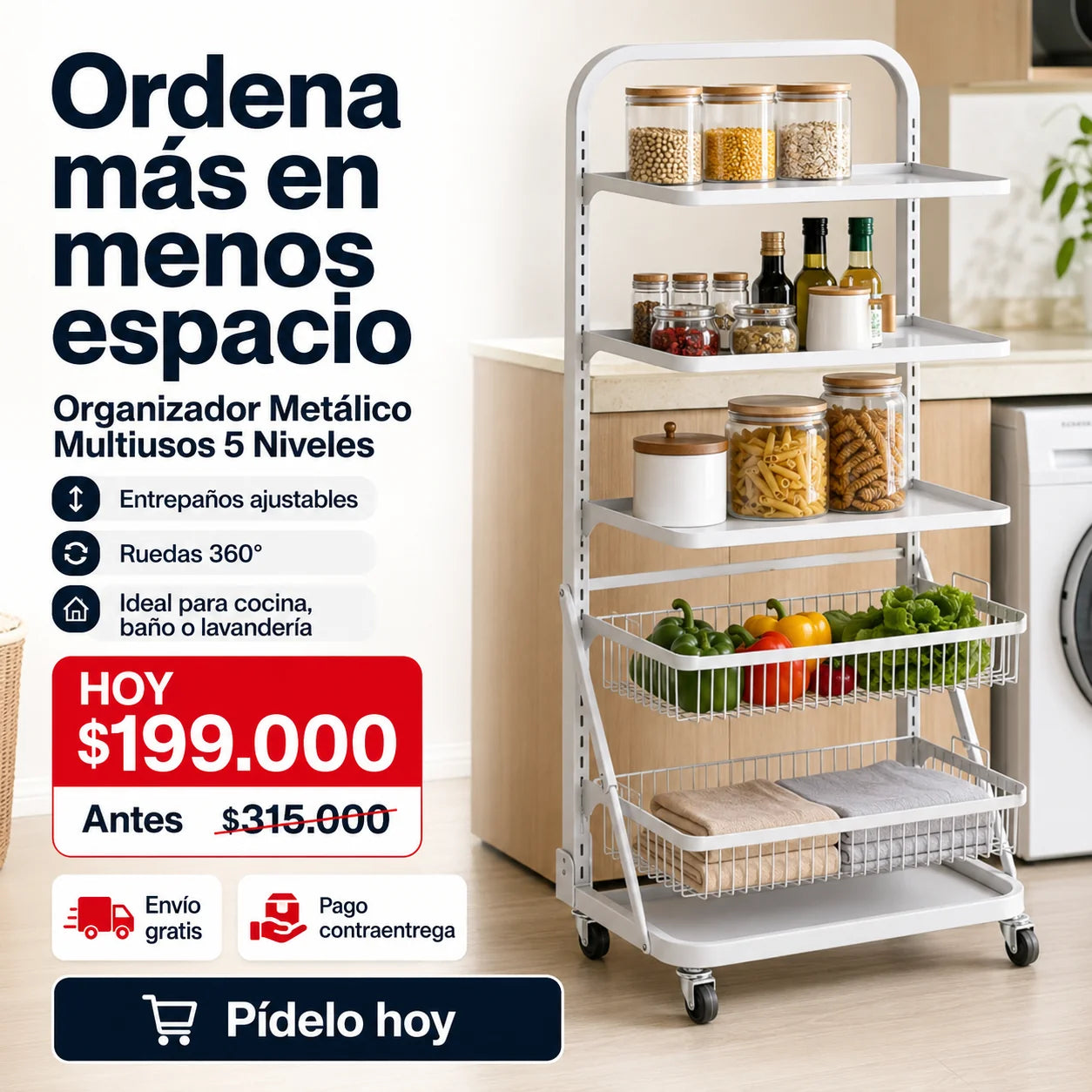 Organizador Metálico Multiusos 5 Niveles con Entrepaños Ajustables en Altura