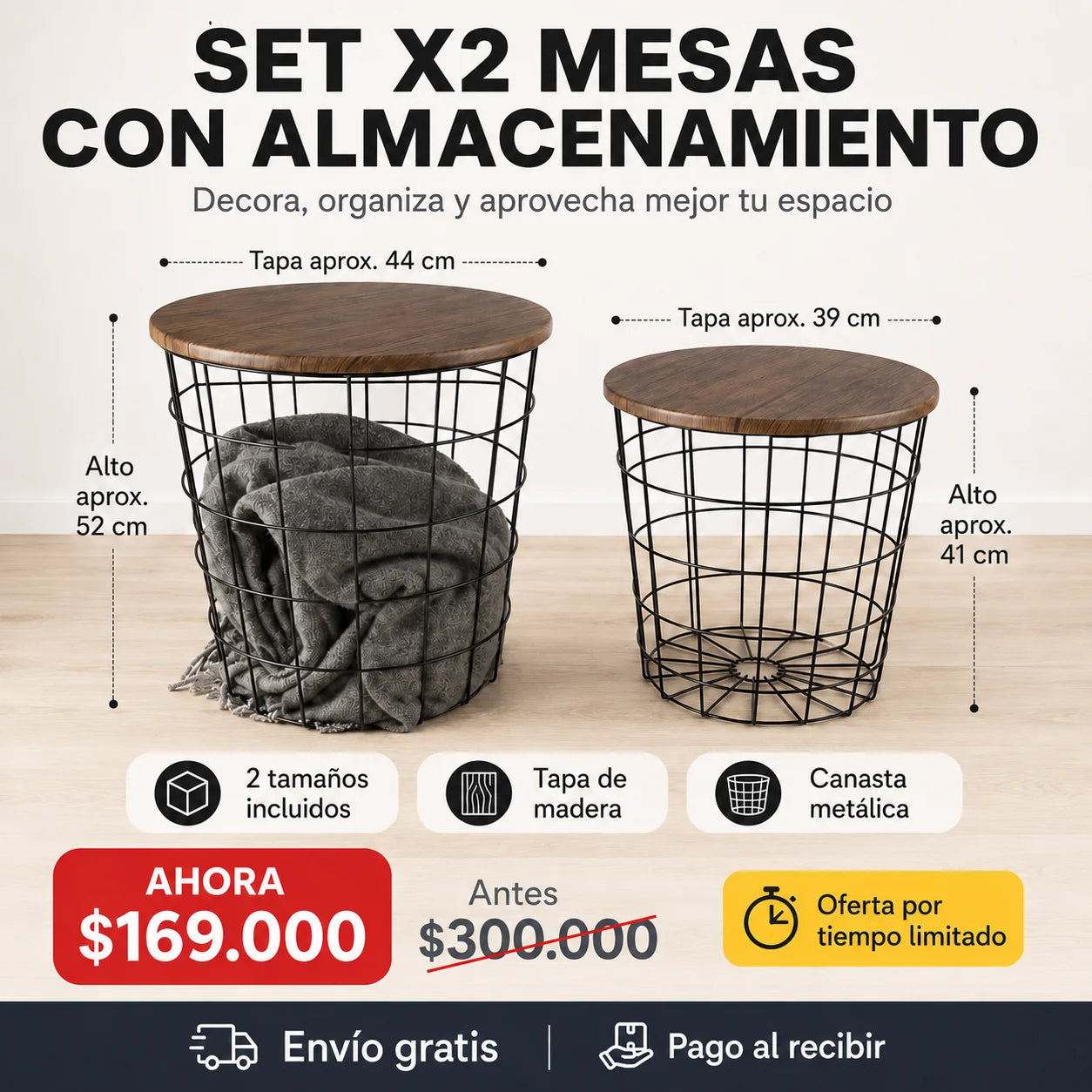 Set x2 Mesas Auxiliares Metálicas con Tapa de Madera y Almacenamiento