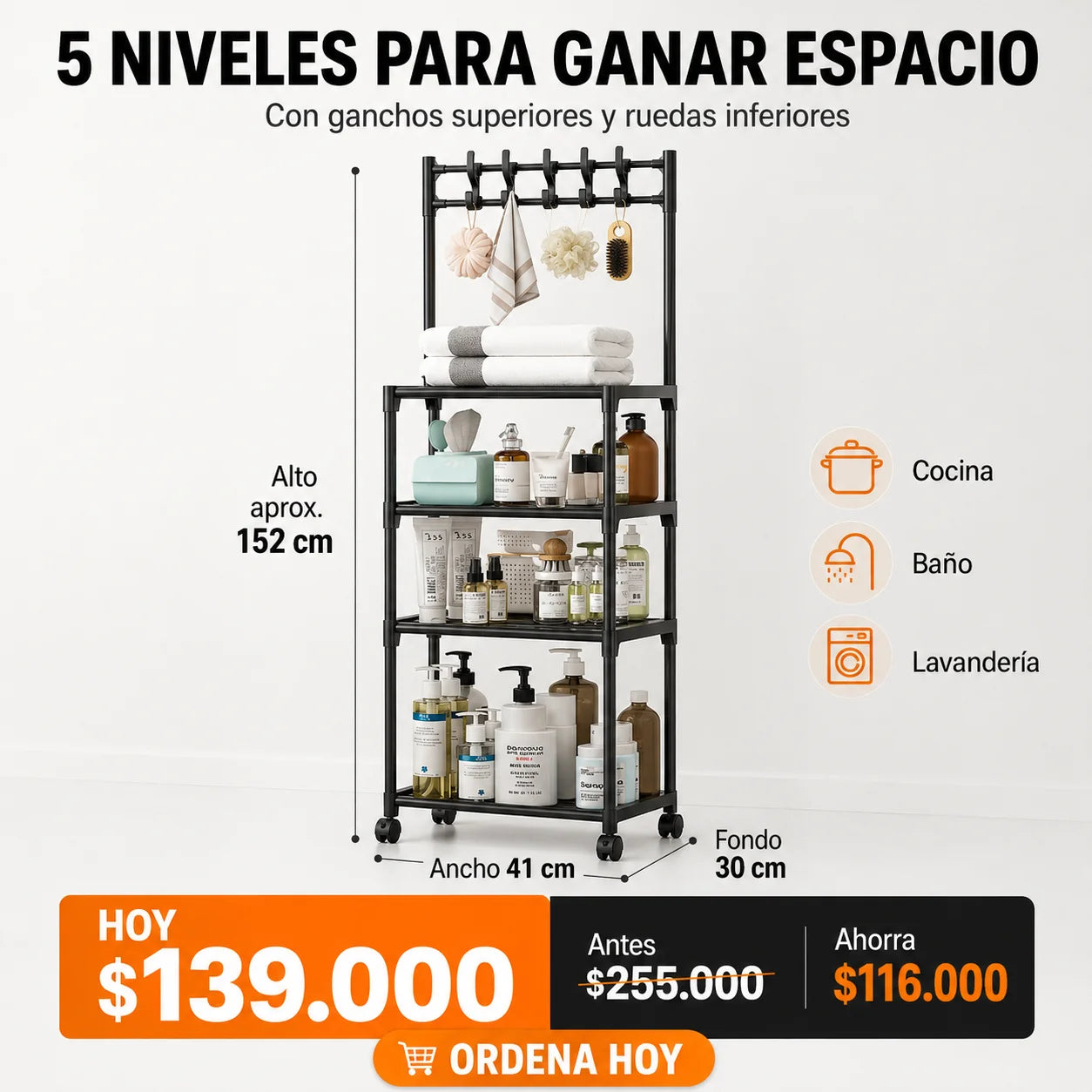Estantería Metálica Organizadora Multiusos con Ruedas y Ganchos – 5 Niveles