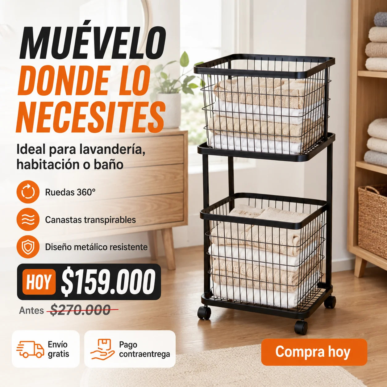 Carrito Organizador Metálico de Lavandería con 2 Canastas Extraíbles y Ruedas 360°