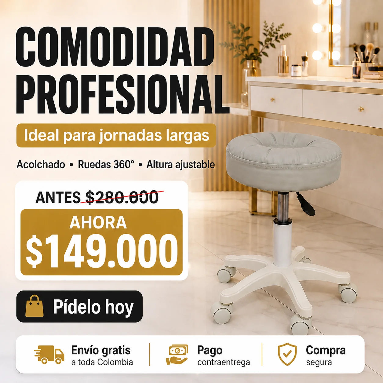 Taburete Profesional Acolchado 360° con Ruedas y Altura Ajustable