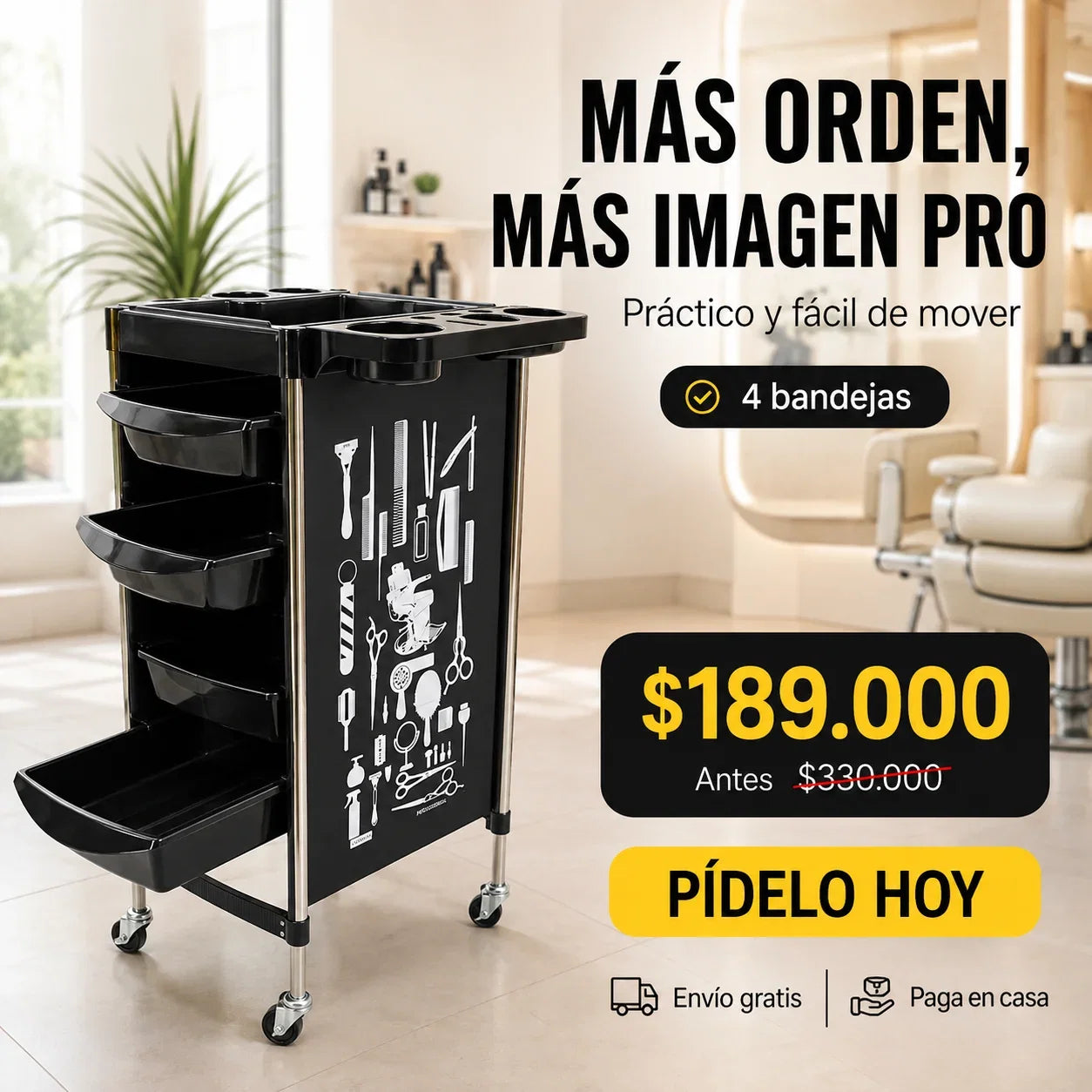 Carrito Organizador Profesional para Barbería y Peluquería con Ruedas