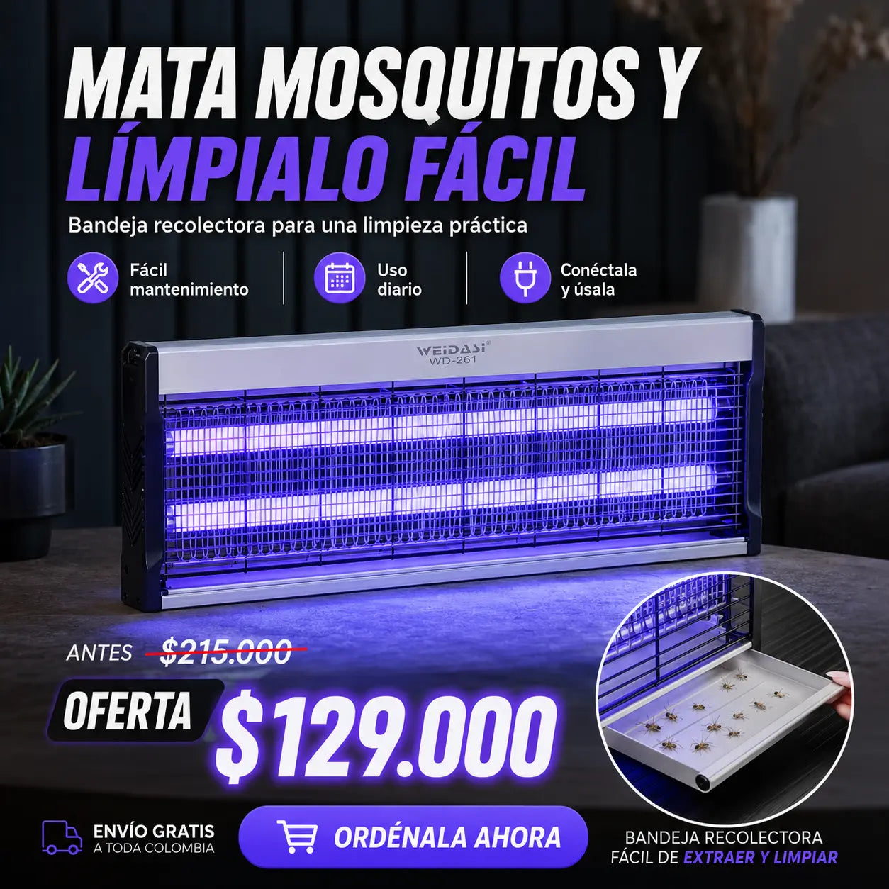 Lámpara Mata Mosquitos UV Eléctrica con Recolector 200m²