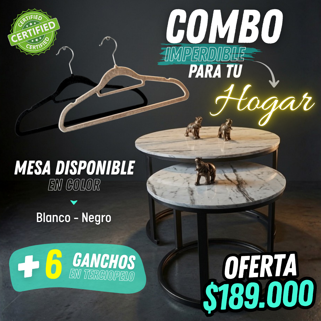 🔥 Mesas de Centro Mármol Premium 2x1 + 6 Ganchos de Terciopelo Gratis 🎁