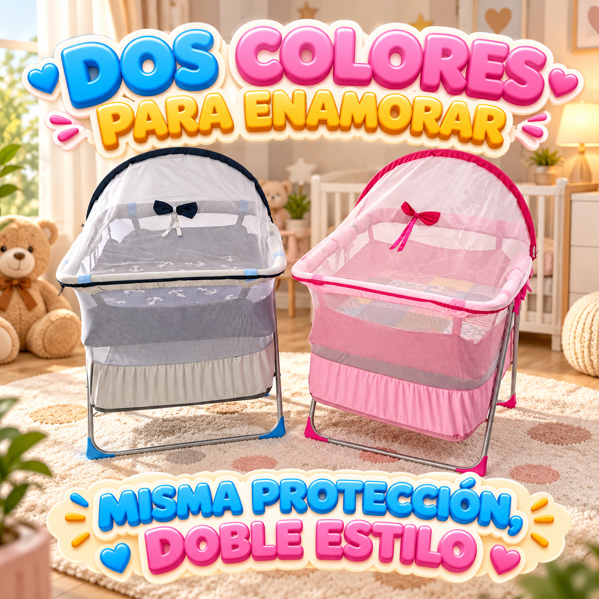 👶🦟 Cuna Plegable para Bebé con Mosquitero y Colchón Acolchado | Azul o Rosado