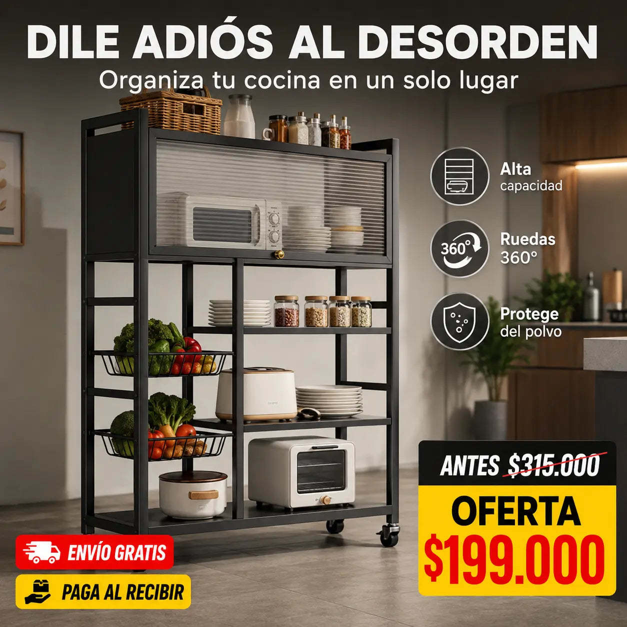 Estante Organizador de Cocina con Ruedas y Puerta Antipolvo