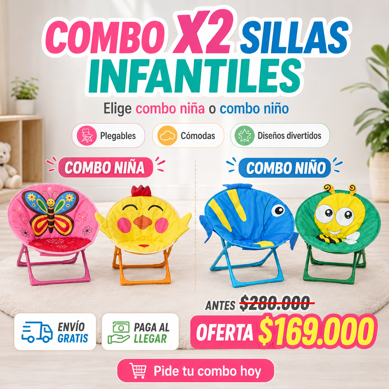 Combo x2 Sillas Plegables Infantiles con Diseños Animales