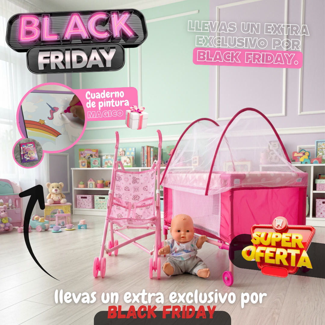 Cochesito, cuna y bebé. Lleva gratis cuaderno de pintura mágico.