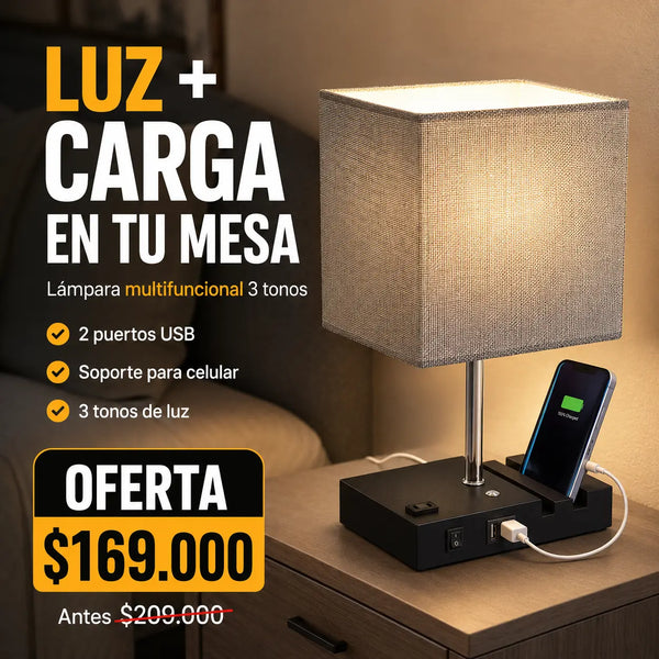 Lámpara de Mesa Multifuncional 3 Tonos con Puertos USB y Soporte para Celular