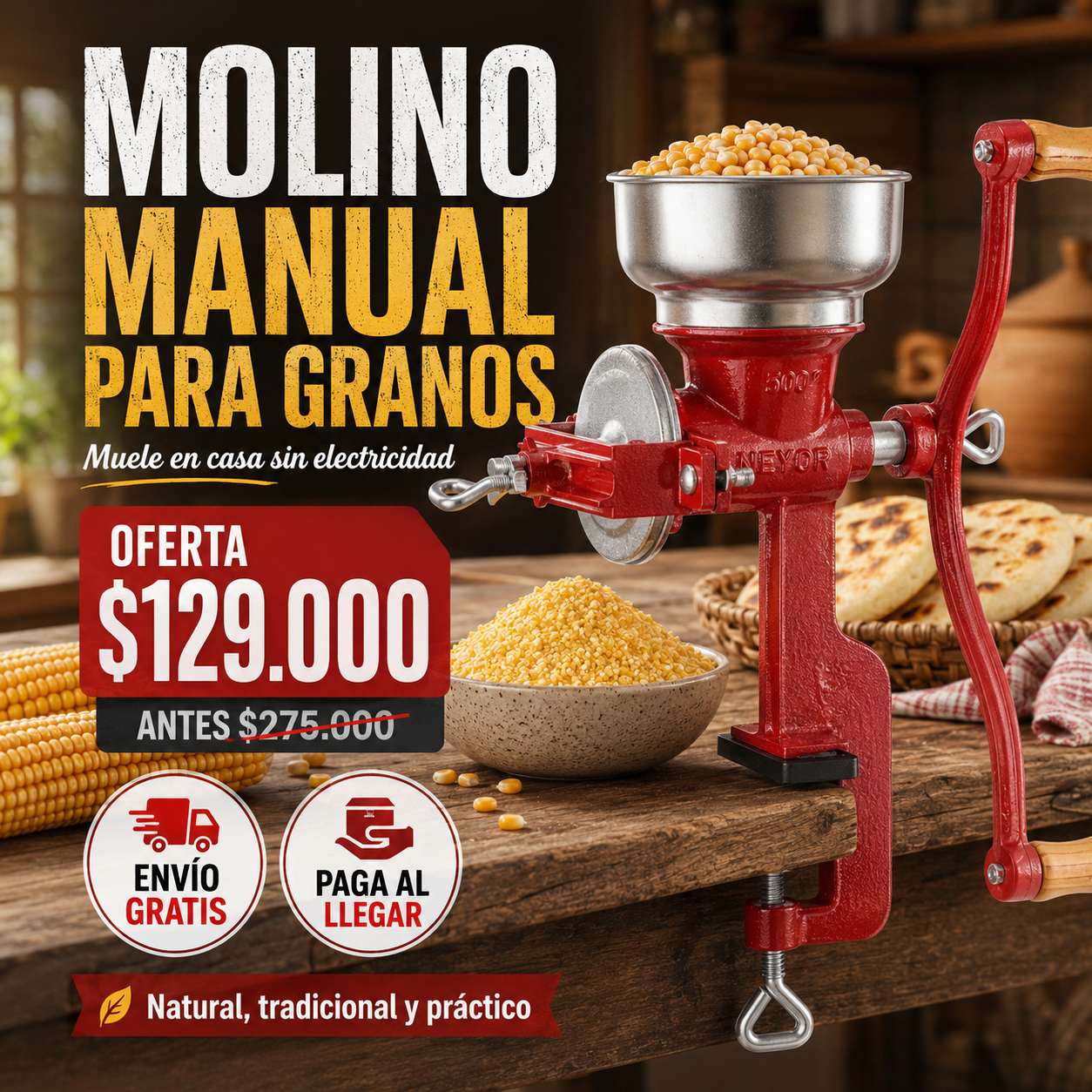 Molino Manual para Maíz y Granos con Sujeción a Mesa