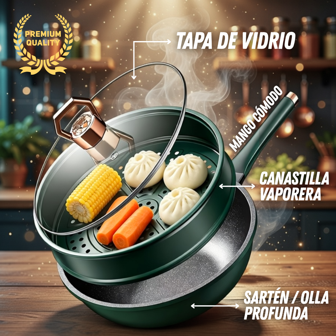 Sartén Wok Multifuncional 3 en 1 Antiadherente con Tapa y Vaporera