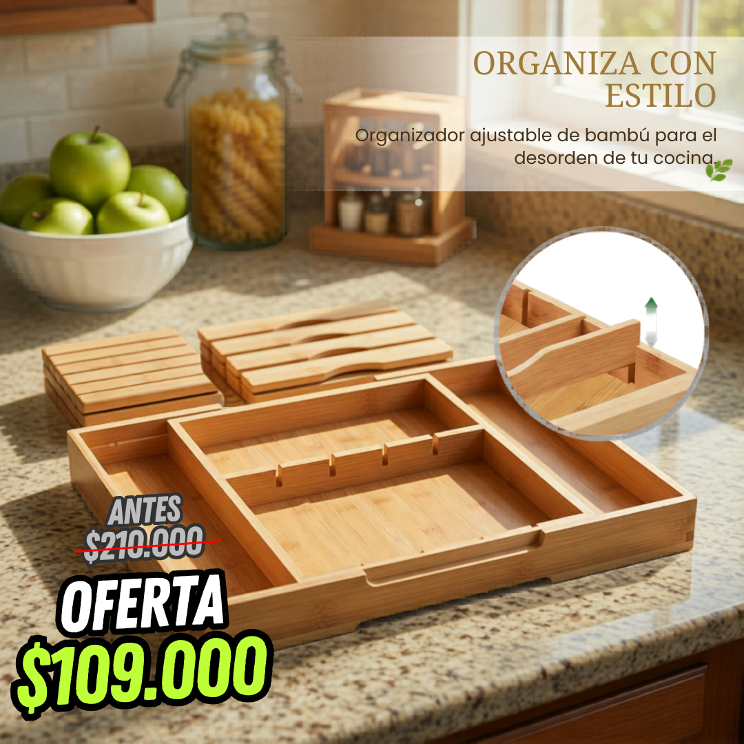Organizador de Cubiertos Expandible de Bambú para Cajón