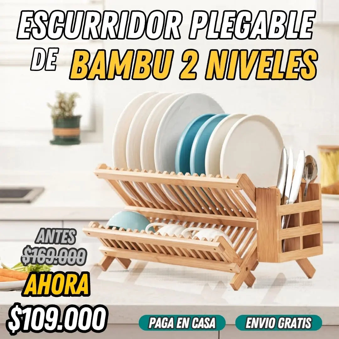Escurridor Plegable de Bambú 2 Niveles con Porta Utensilios