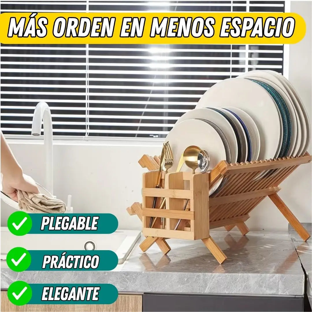 Escurridor Plegable de Bambú 2 Niveles con Porta Utensilios