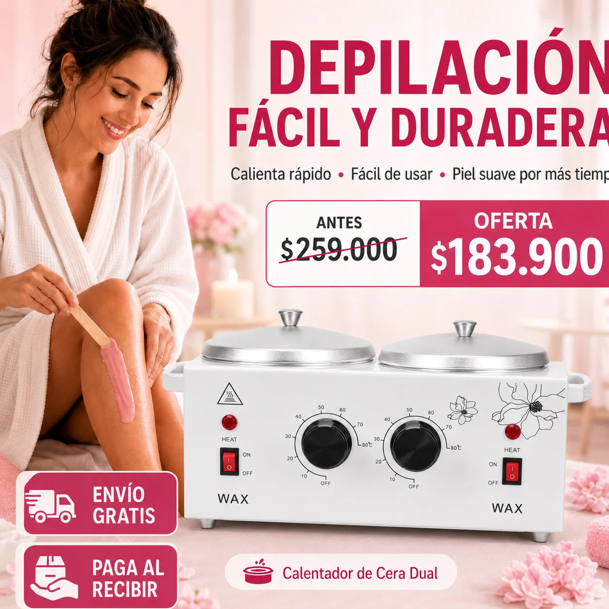 Máquina Depiladora de Cera Dual 1200 ml con Temperatura Ajustable