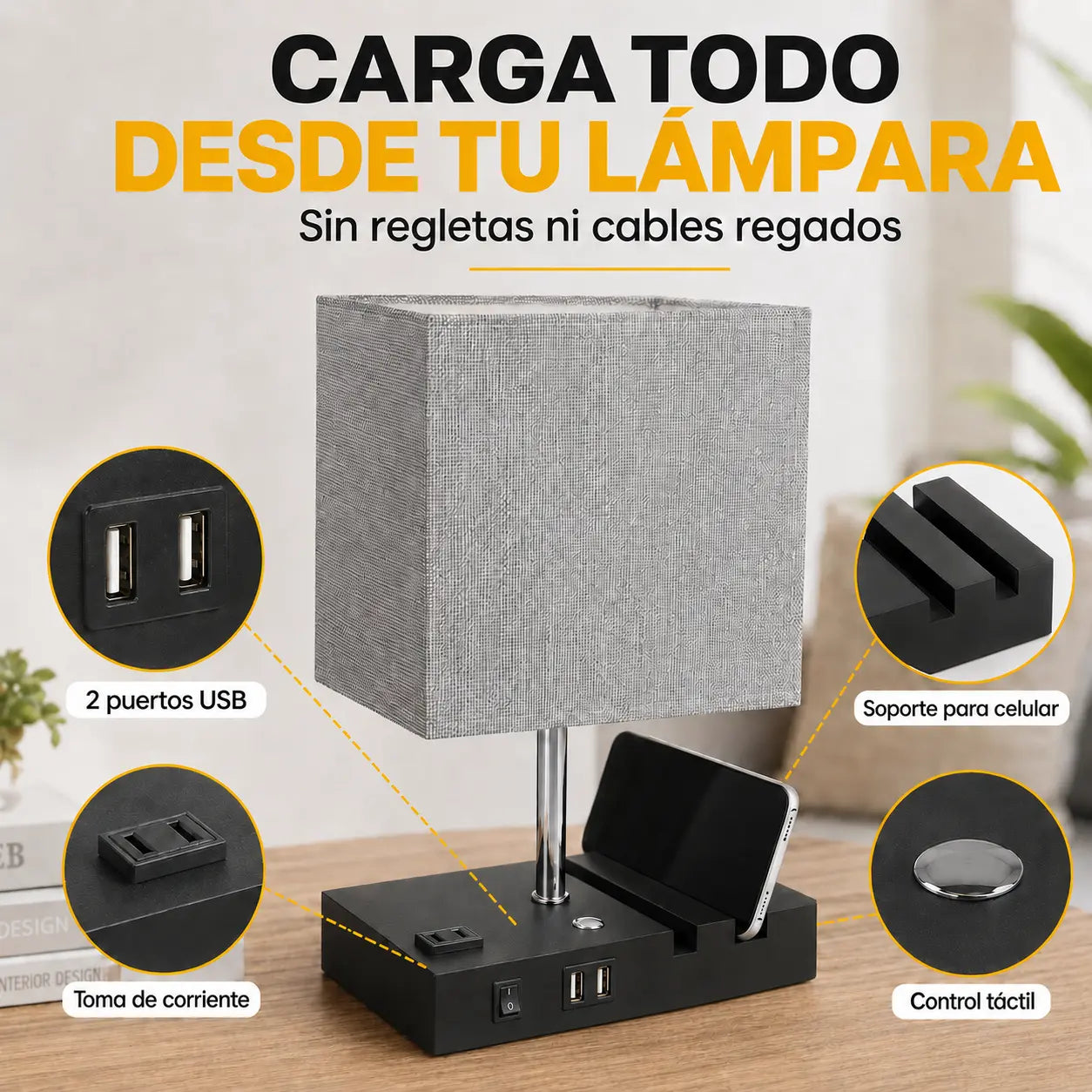 Lámpara de Mesa Multifuncional 3 Tonos con Puertos USB y Soporte para Celular