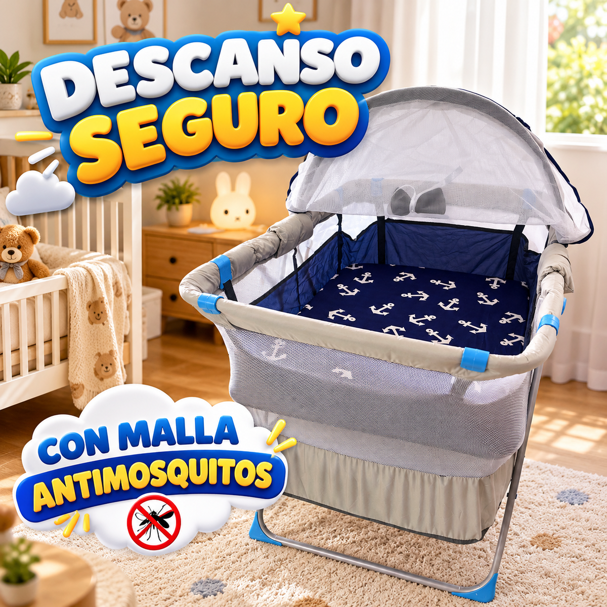 👶🦟 Cuna Plegable para Bebé con Mosquitero y Colchón Acolchado | Azul o Rosado