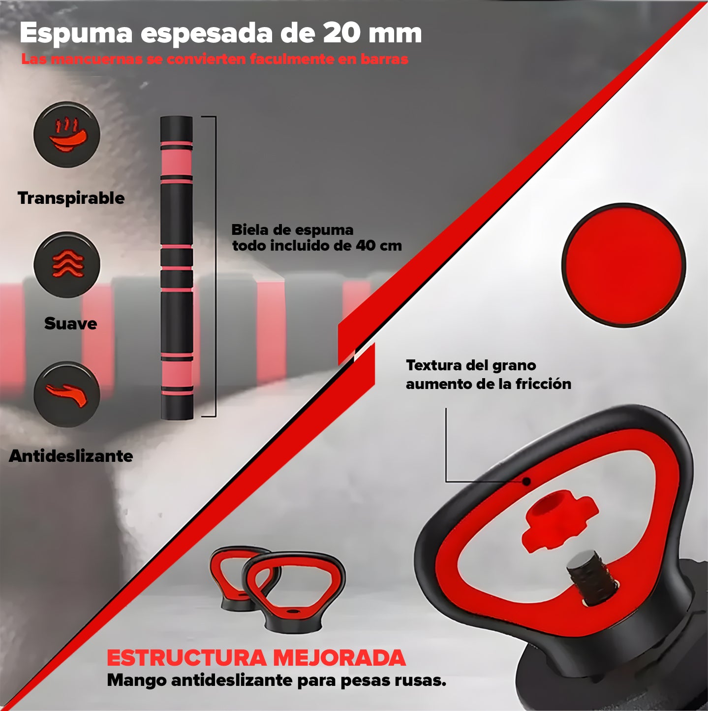 Pesas Mancuerna 20kg Set Convertible A Barra Y Pesa Rusa TT