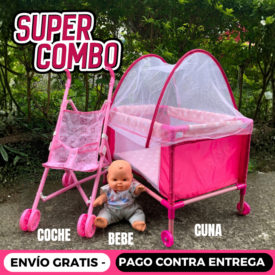 Cochesito, cuna y bebé. Lleva gratis cuaderno de pintura mágico.