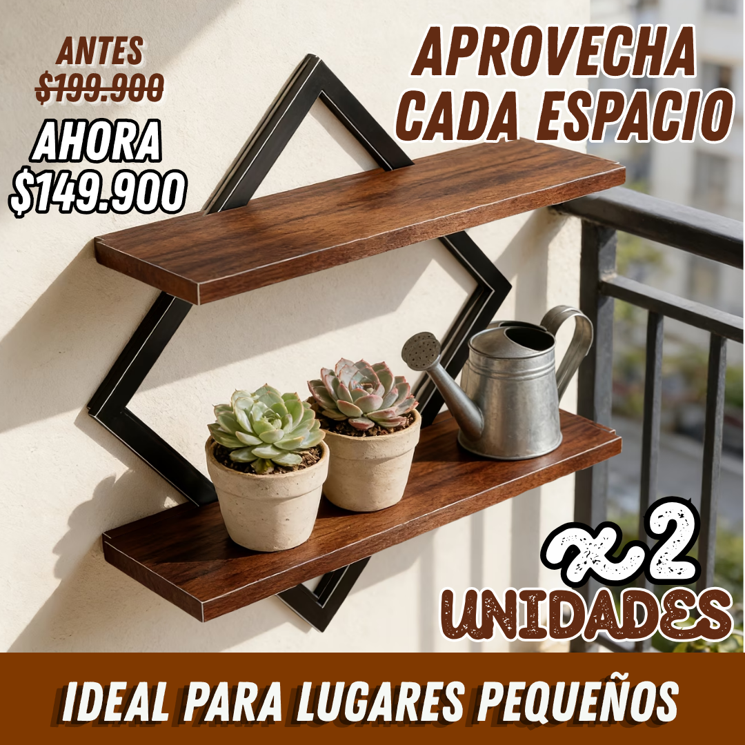 Set x2 Repisas Flotantes Geométricas Premium en Madera