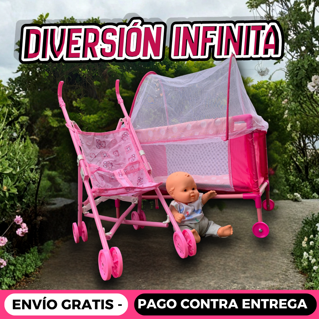 Cochesito, cuna y bebé. Lleva gratis cuaderno de pintura mágico.