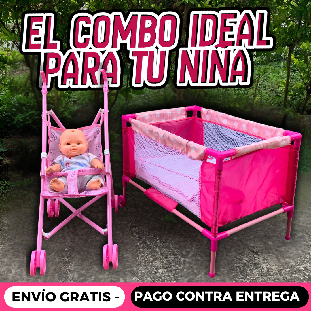 Cochesito, cuna y bebé. Lleva gratis cuaderno de pintura mágico.