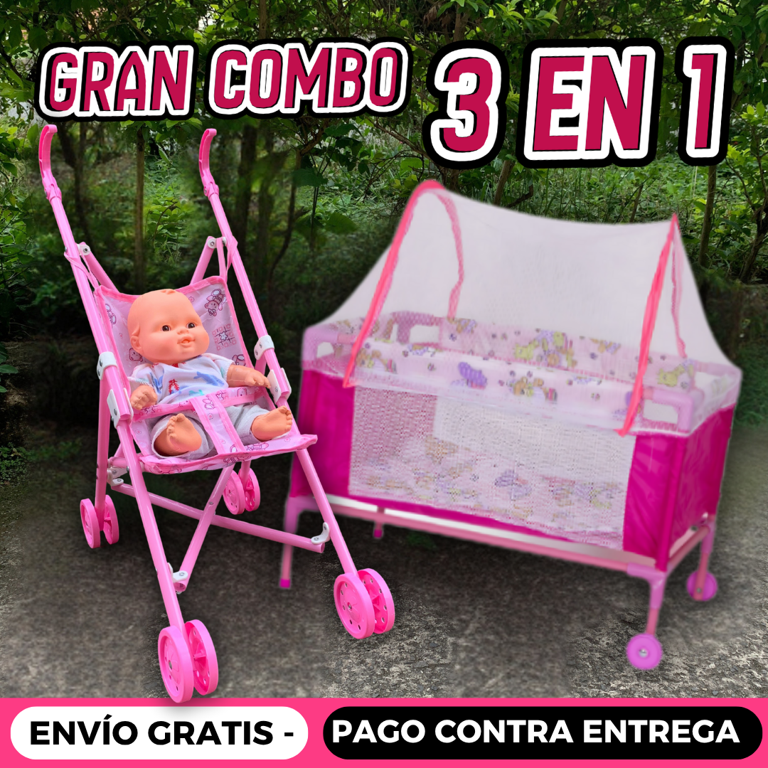 Cochesito, cuna y bebé. Lleva gratis cuaderno de pintura mágico.