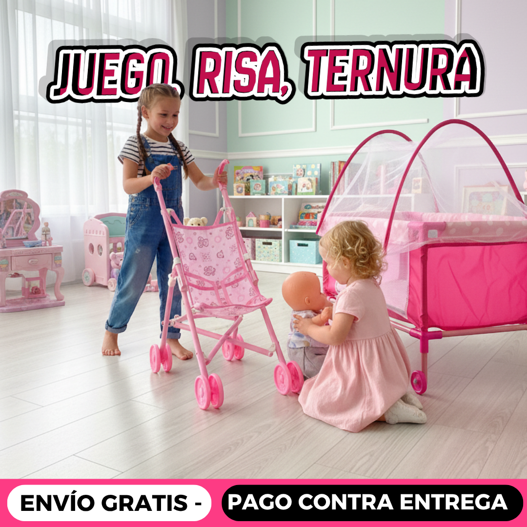 Cochesito, cuna y bebé. Lleva gratis cuaderno de pintura mágico.