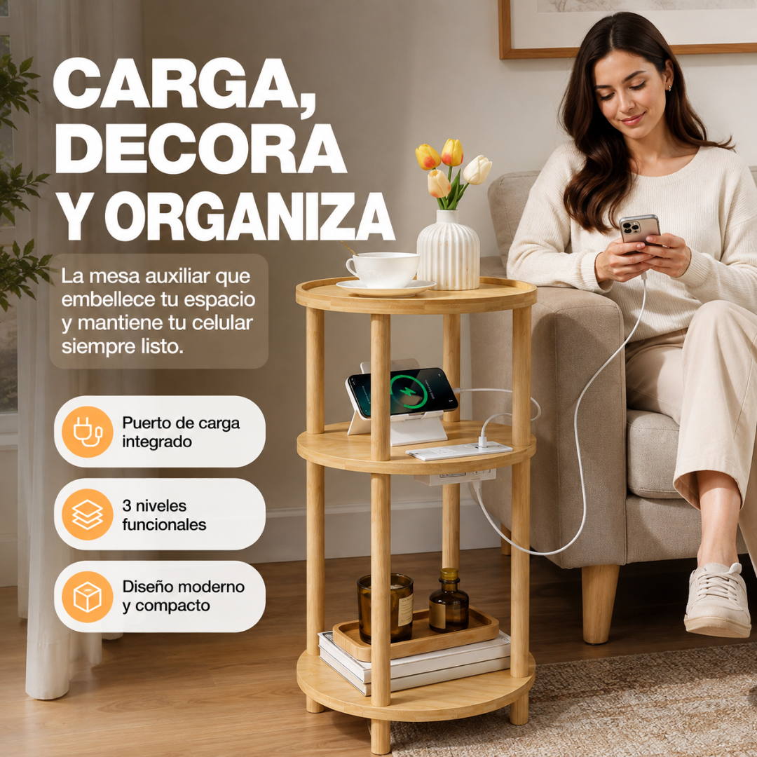 🪵⚡ Mesa Auxiliar Premium 3 Niveles con Estación de Carga USB