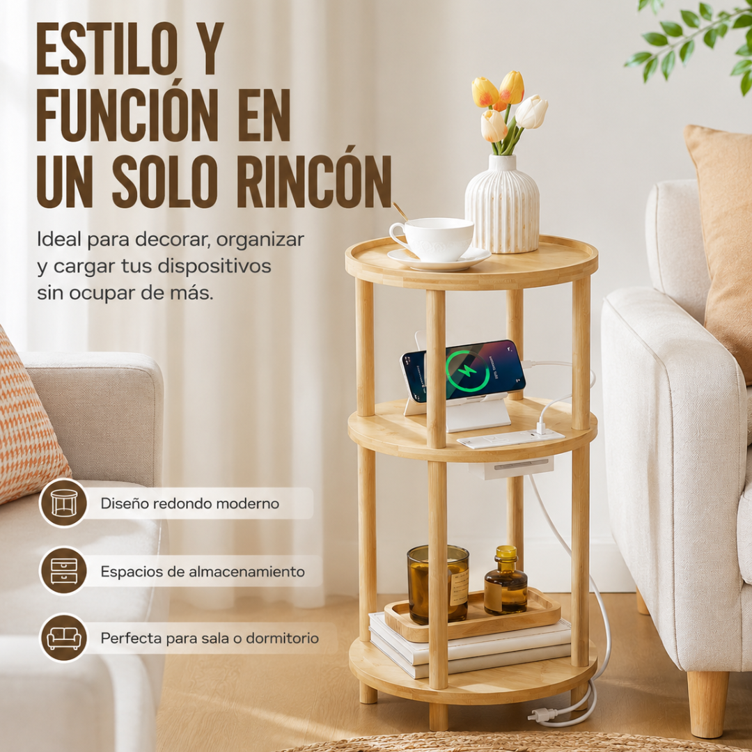 🪵⚡ Mesa Auxiliar Premium 3 Niveles con Estación de Carga USB
