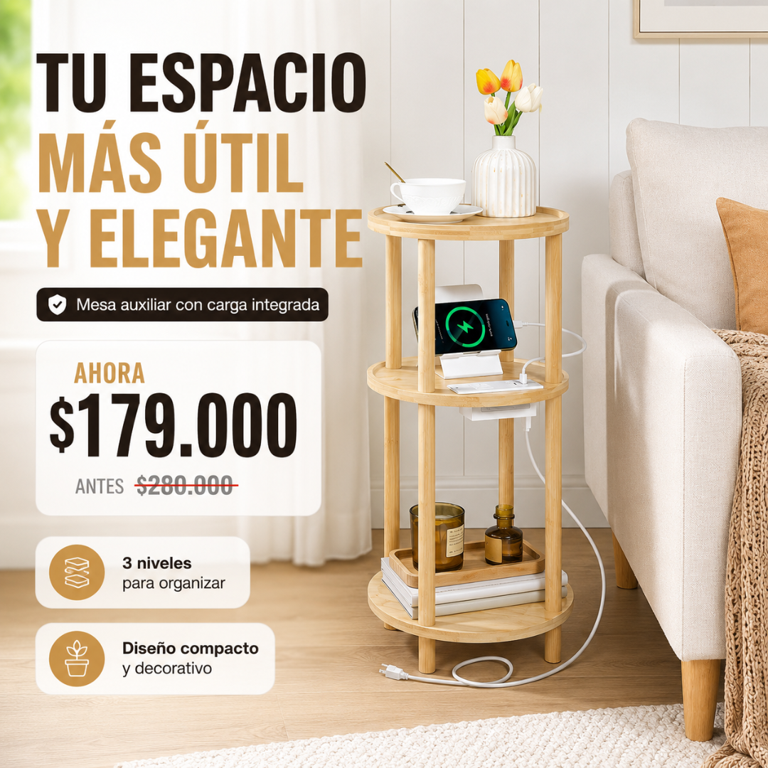 🪵⚡ Mesa Auxiliar Premium 3 Niveles con Estación de Carga USB