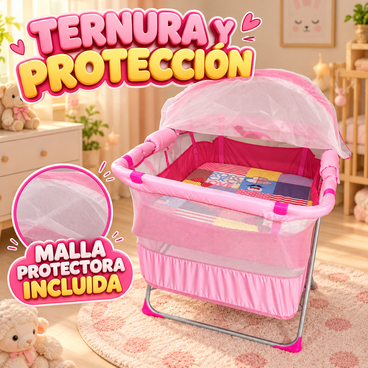 👶🦟 Cuna Plegable para Bebé con Mosquitero y Colchón Acolchado | Azul o Rosado