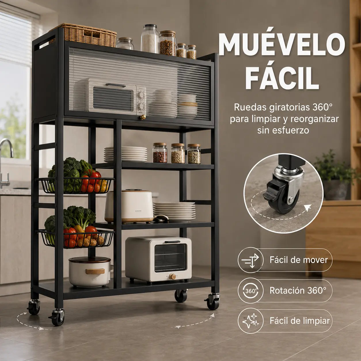 Estante Organizador de Cocina con Ruedas y Puerta Antipolvo