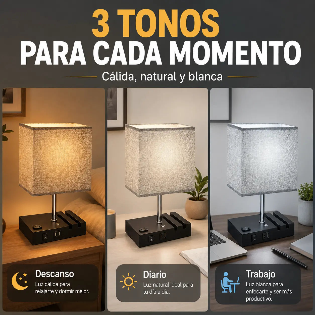 Lámpara de Mesa Multifuncional 3 Tonos con Puertos USB y Soporte para Celular