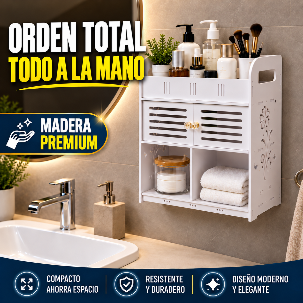 Gabinete Organizador Premium para Baño Con Repisas y Compartimento Cerrado