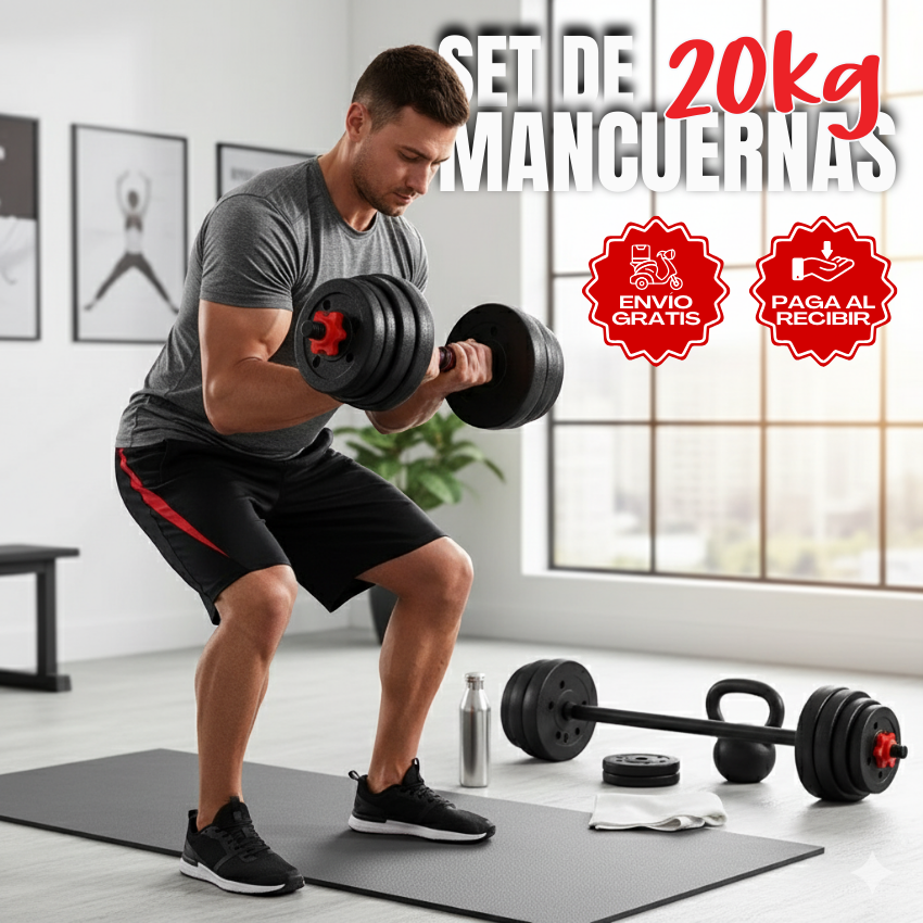 Pesas Mancuerna 20kg Set Convertible A Barra Y Pesa Rusa TT
