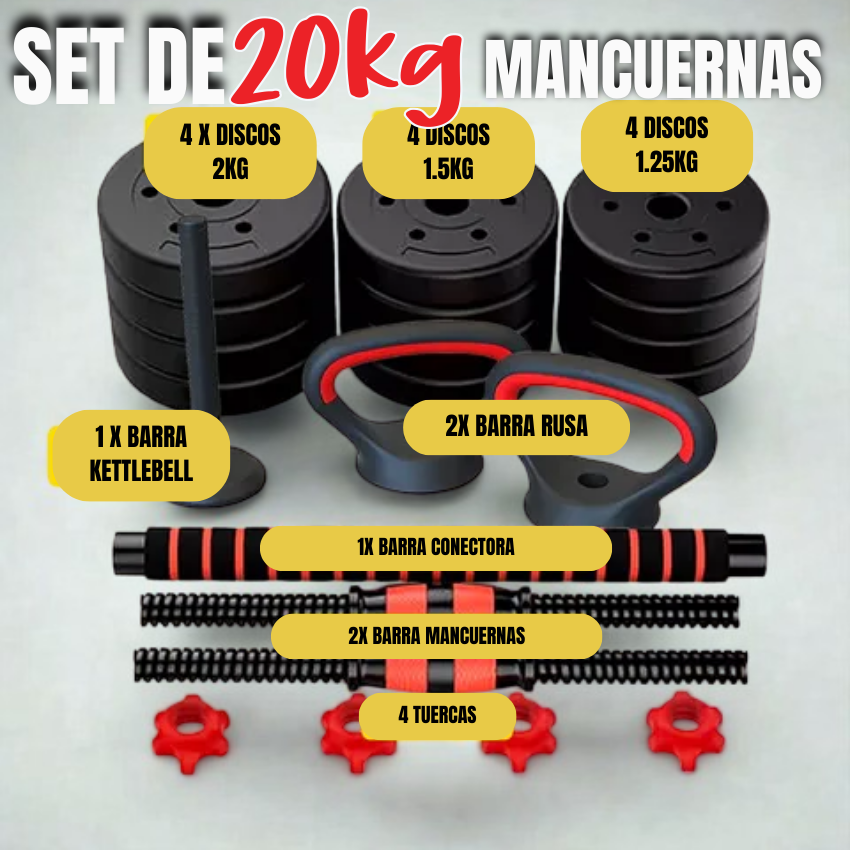 Pesas Mancuerna 20kg Set Convertible A Barra Y Pesa Rusa TT