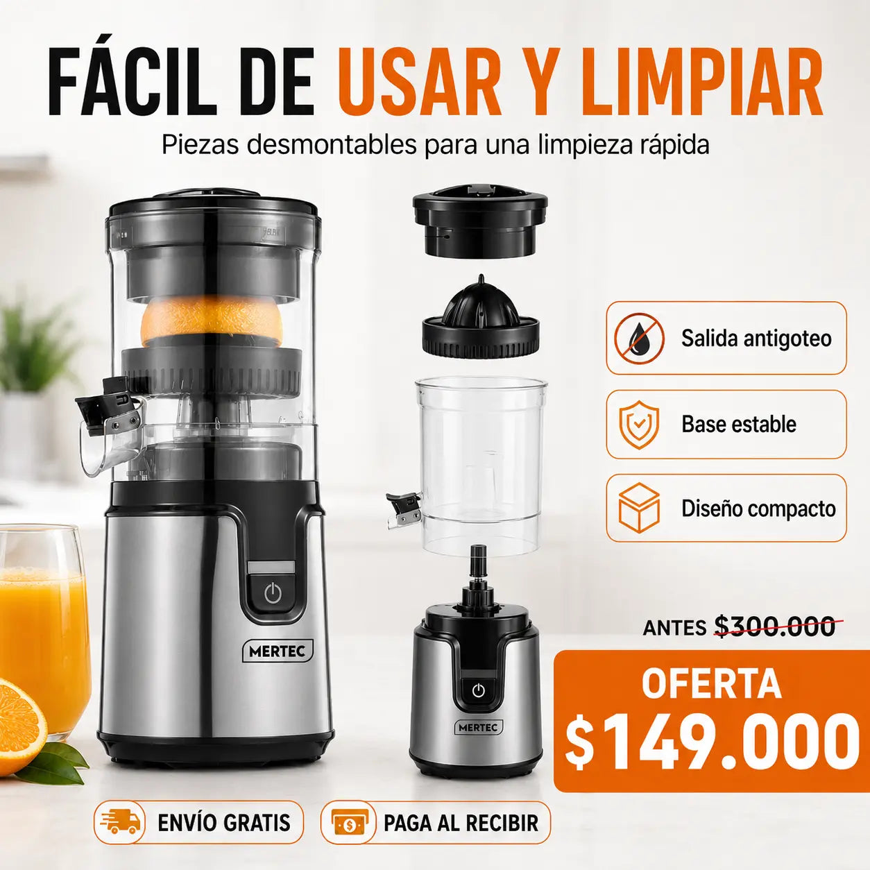 Exprimidor Eléctrico de Naranjas y Cítricos 100W con Vertido Directo