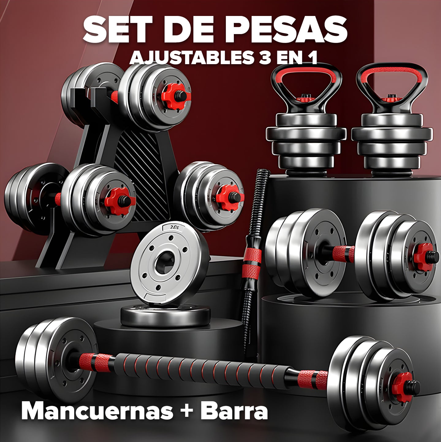 Pesas Mancuerna 20kg Set Convertible A Barra Y Pesa Rusa TT