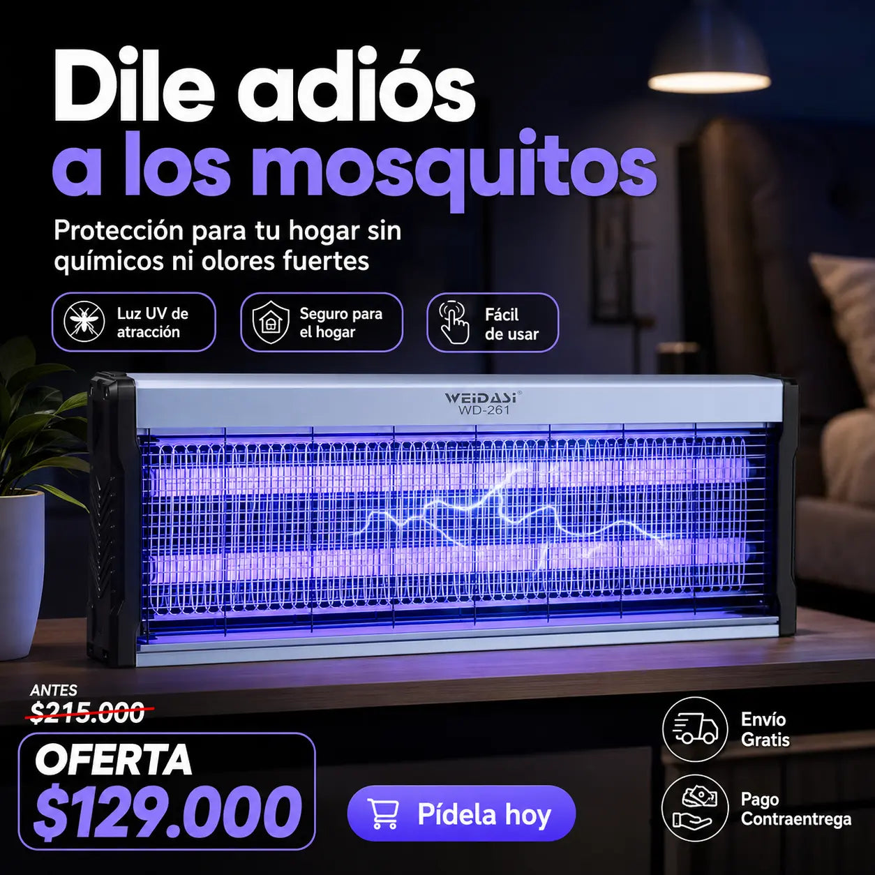Lámpara Mata Mosquitos UV Eléctrica con Recolector 200m²